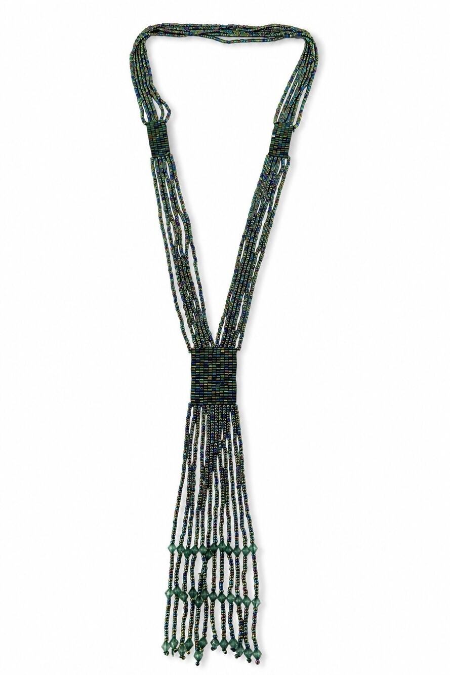 Long Iridescent Beaded Lariat Necklace MultiStrand Fringe Boho Peacock Green 28”